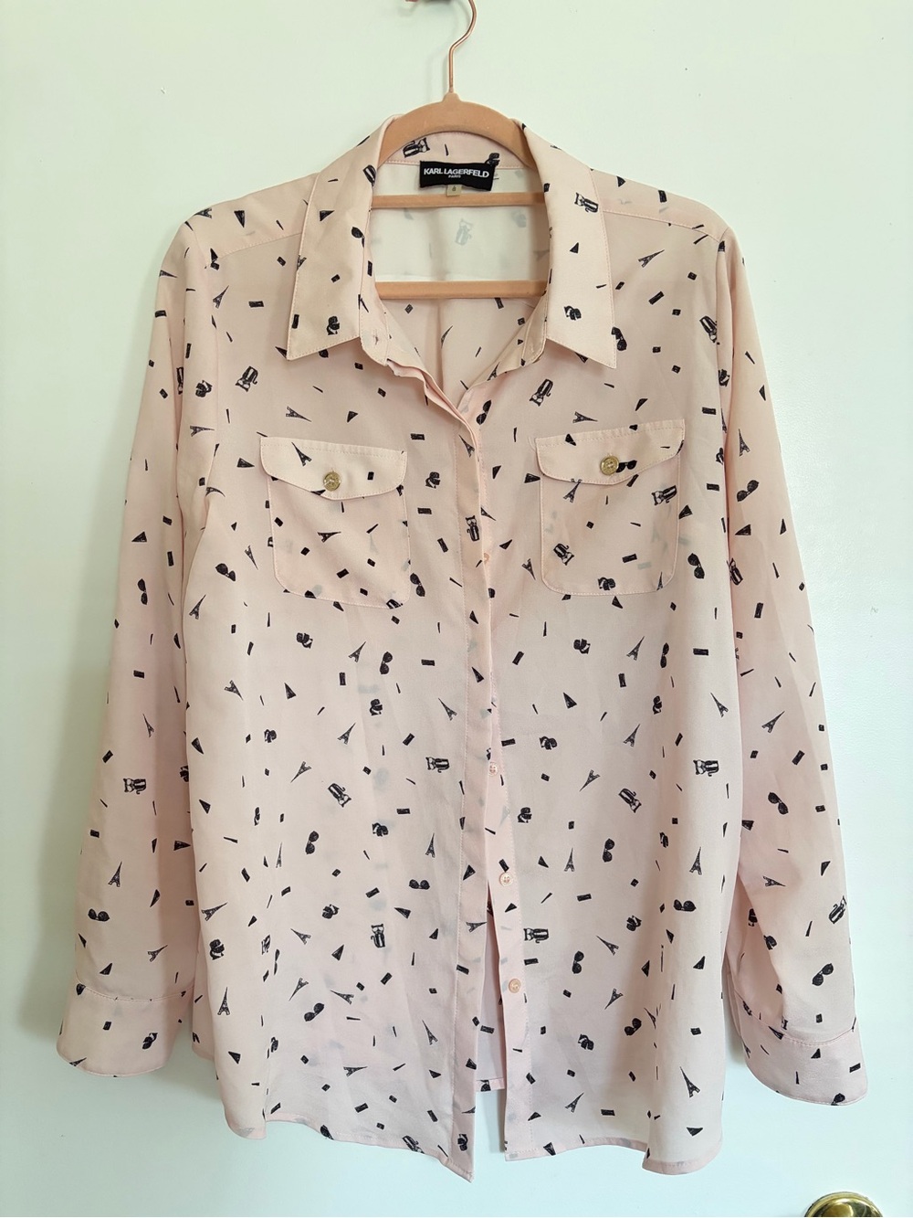 Karl Lagerfeld Pale Pink Printed Button-Down Blouse